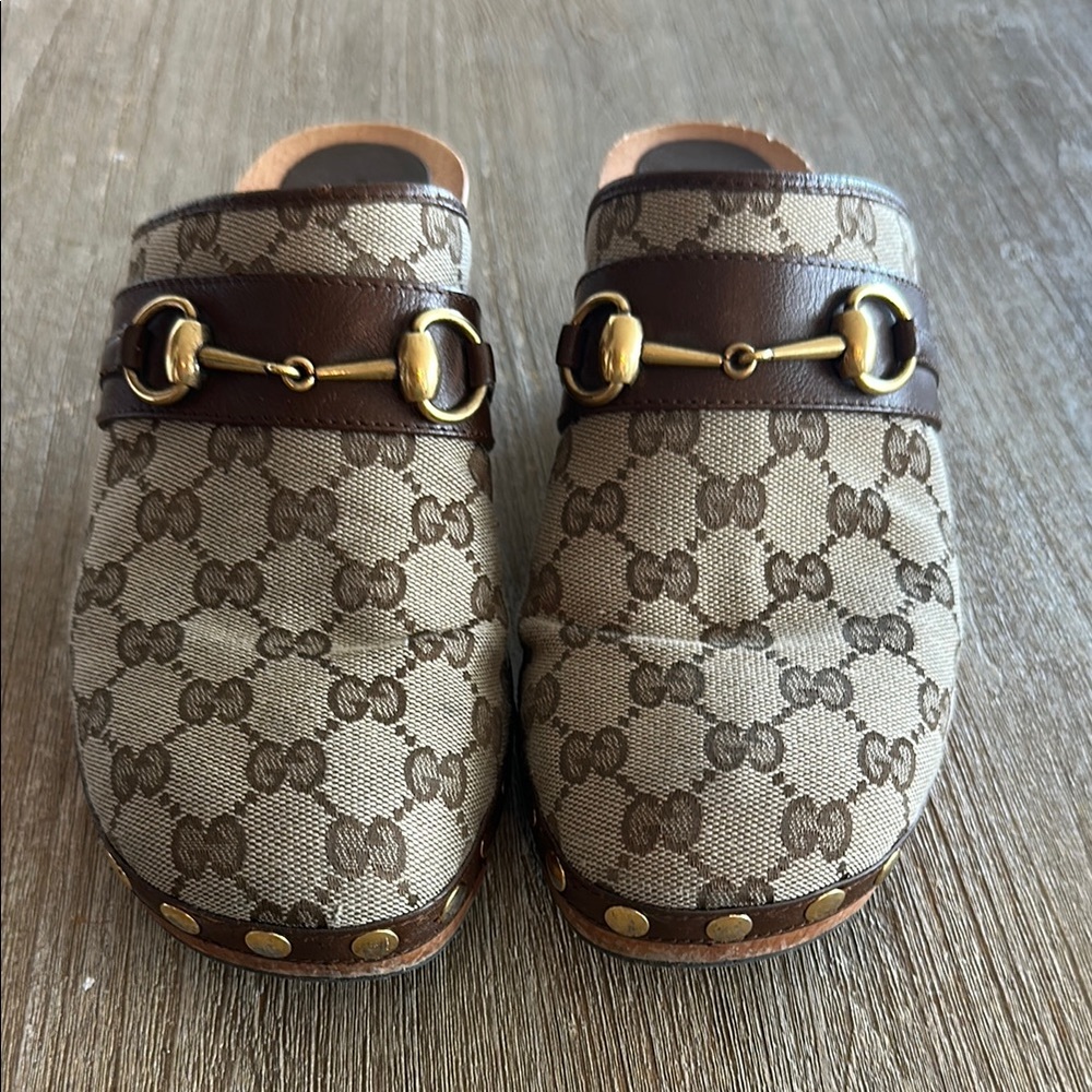 Gucci GG Beige and Brown Monogram Clogs